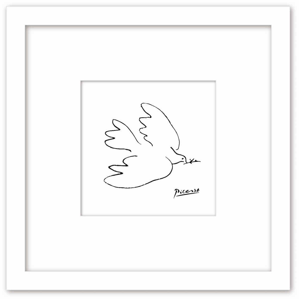 絵画　白いハト　日本画　額縁入り 白い鳩の絵画 シルバーフレーム付き（絵画 白いハト 日本画 額縁