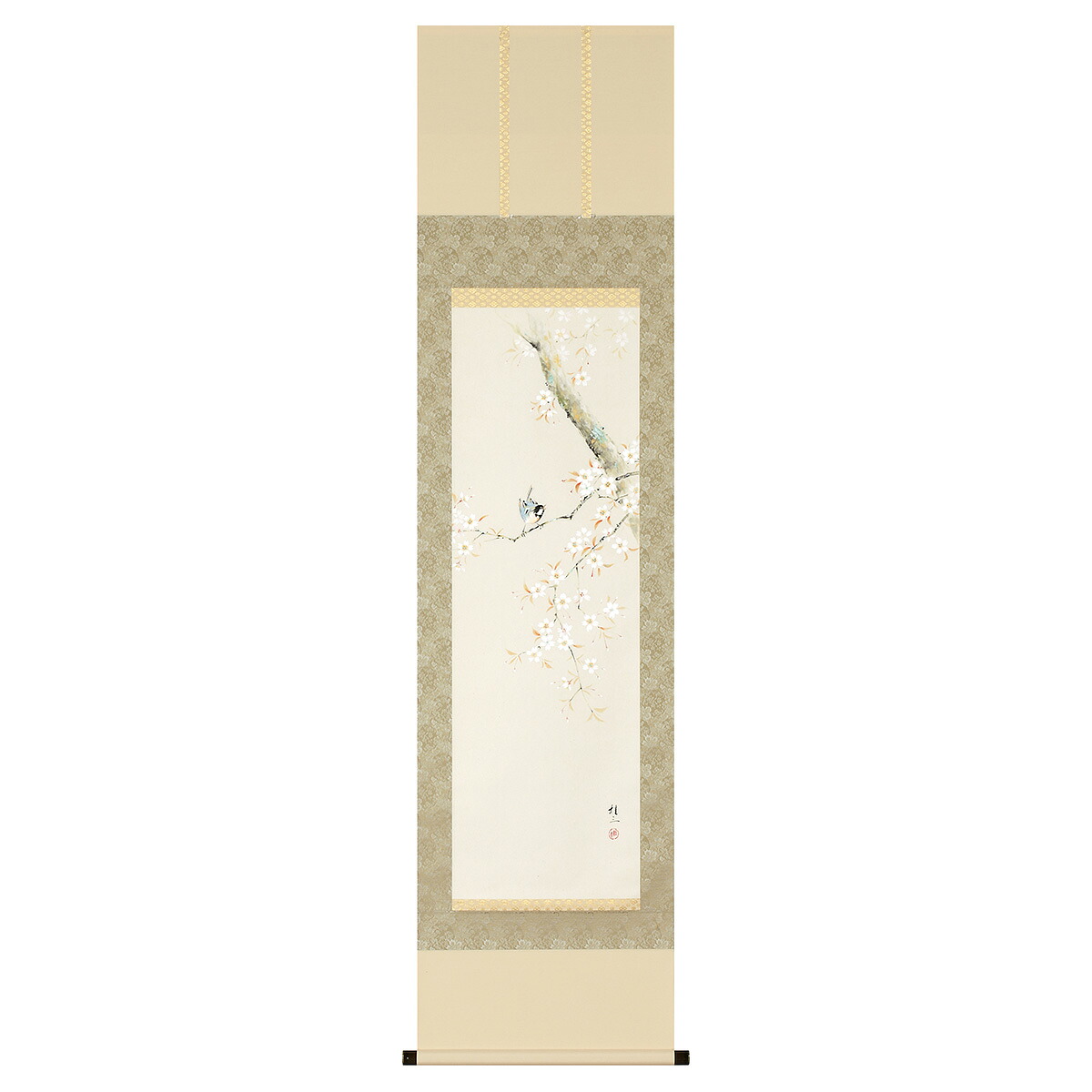 手描き 掛け軸 「桜に小禽」佐藤桂三 半切立 幅47&times;丈190cm 桐箱収納 モダン 手描き 掛け軸 床の間 和室 おしゃれ 壁掛け 絵｜絵画・壁飾り　風景専門店あゆわら