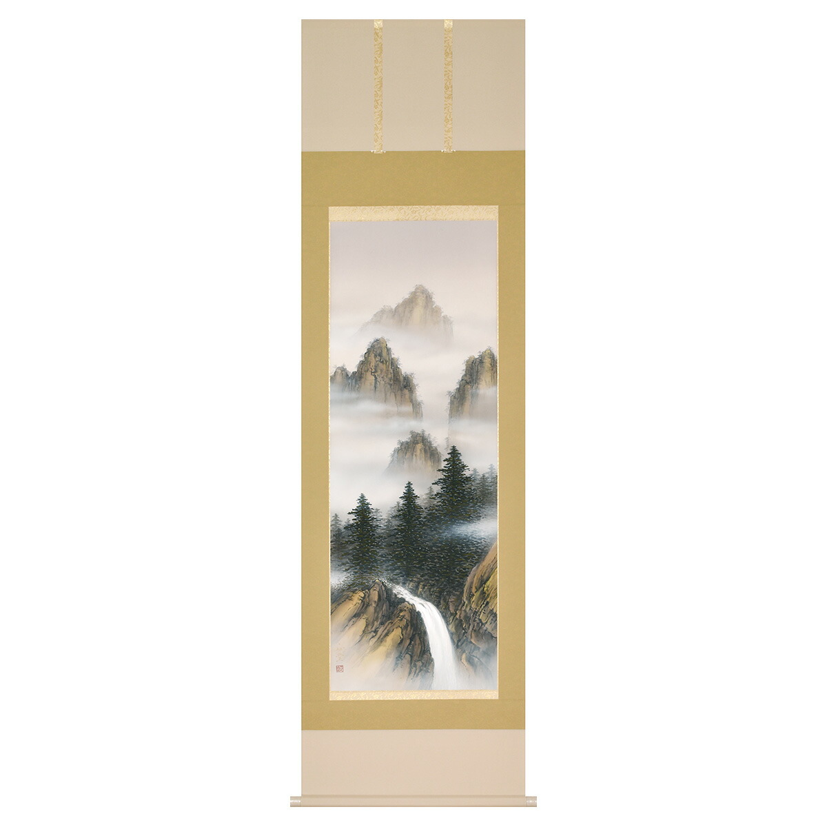 手描き 掛け軸 「深山白瀑」美濃正堂 尺五立 幅54.5×丈190cm 太巻二重箱収納 モダン 手描き 掛け軸 床の間 和室 おしゃれ 壁掛け 絵