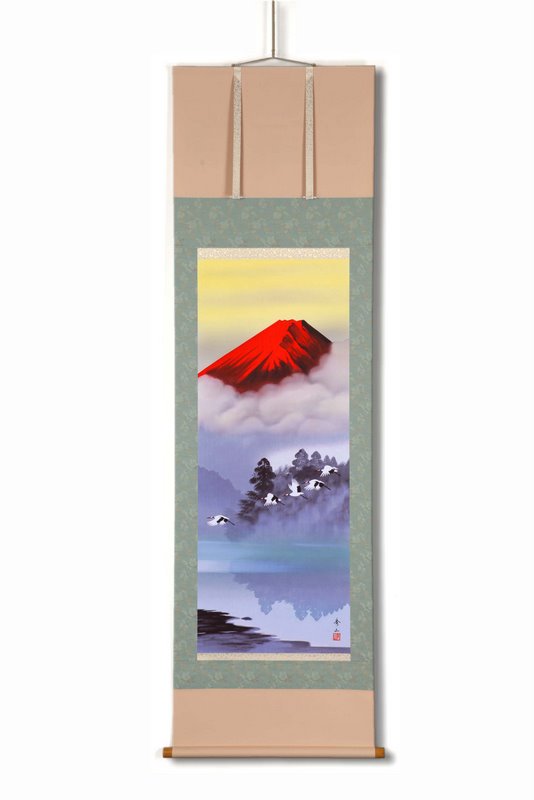 【真作】掛軸　宇田川彩悠　高精彩工芸画　赤富士双鶴　吉祥画　共箱入　R169 真作】掛軸 宇田川彩悠 高精彩工芸画 赤富士双鶴 吉祥画 共箱入