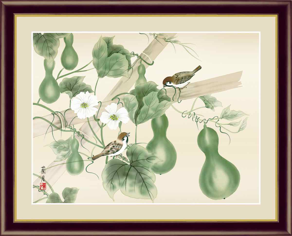 日本画 花鳥画 夏飾り 六瓢(むびょう) 吉井 蘭月 手彩仕上 高精細巧芸画 インテリア 額入り 額装込 アート リビング プレゼント アートフレーム おしゃれ 飾る グッズ ギフト Mサイズ 巣ごもり