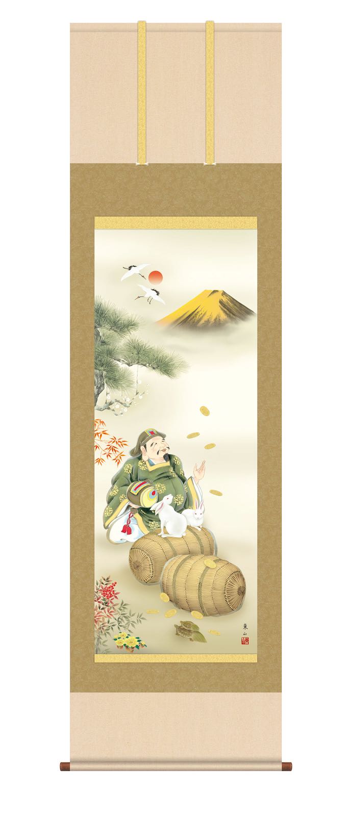10年保証 掛け軸 縁起兎大黒天 (えんぎうさぎだいこくてん) 榎本東山 洛彩緞子本表装松竹(らくさいどんすほんびょうそう) 尺三 干支 金運画 縁起画 モダン 掛軸 床の間 和室 【送料無料】 おしゃれ 壁掛け 絵