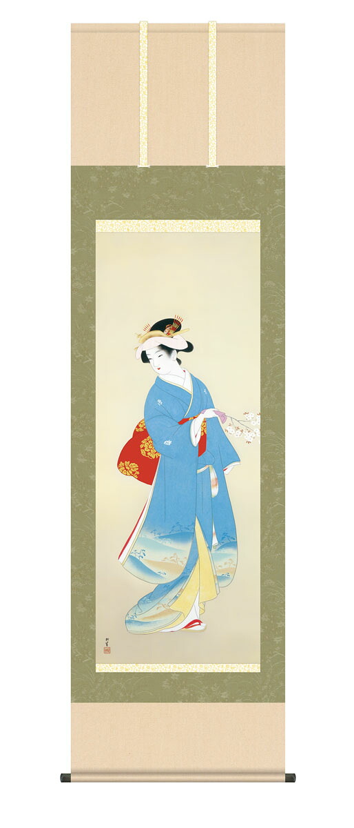 10年保証 掛け軸 名画複製画 春信 上村松園 尺５ 桐箱付き床の間 和室 おしゃれ 壁掛け 絵
