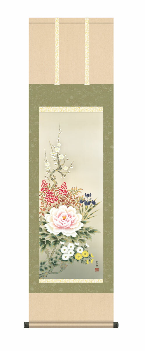 四季花　欄間額　日本画　和室インテリア 楽天市場】絵画 額入り 壁掛け F4 花鳥画 春飾り 複製画 額飾り