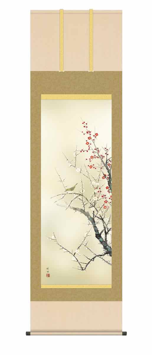 最大100%ポイントバック！限定抽選 10年保証 掛け軸 花鳥画 春掛け 紅白梅に鶯(こうはくばいにうぐいす)田村 竹世 尺五 桐箱入り 洛彩緞子本表装(らくさいどんすほんびょうそう) モダン 掛軸 床の間 和室 おしゃれ 壁掛け 絵