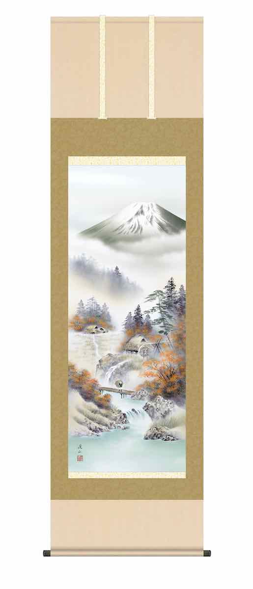 最大100%ポイントバック！限定抽選 10年保証 掛け軸 山水画 秋掛け 富士紅染(ふじこうせん)伊藤 渓山 尺五 桐箱入り 洛彩緞子本表装(らくさいどんすほんびょうそう) モダン 掛軸 床の間 和室 おしゃれ 壁掛け 絵
