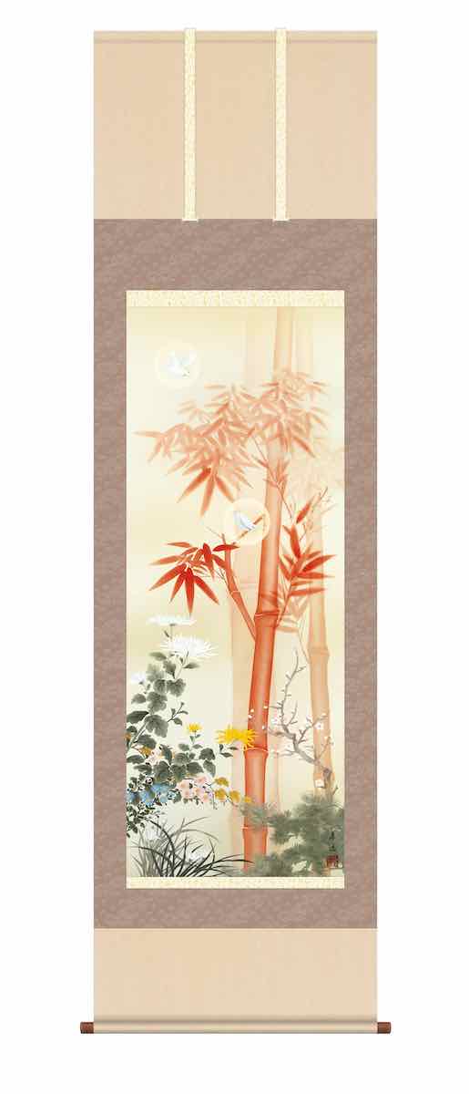10年保証 掛け軸 開運画 開運花鳥 吉祥四君子繚乱図(きっしょうしくんしりょうらんず)根本 孝逸 尺五 桐箱入り 洛彩緞子本表装(らくさいどんすほんびょうそう) モダン 掛軸 床の間 和室 おしゃれ 壁掛け 絵