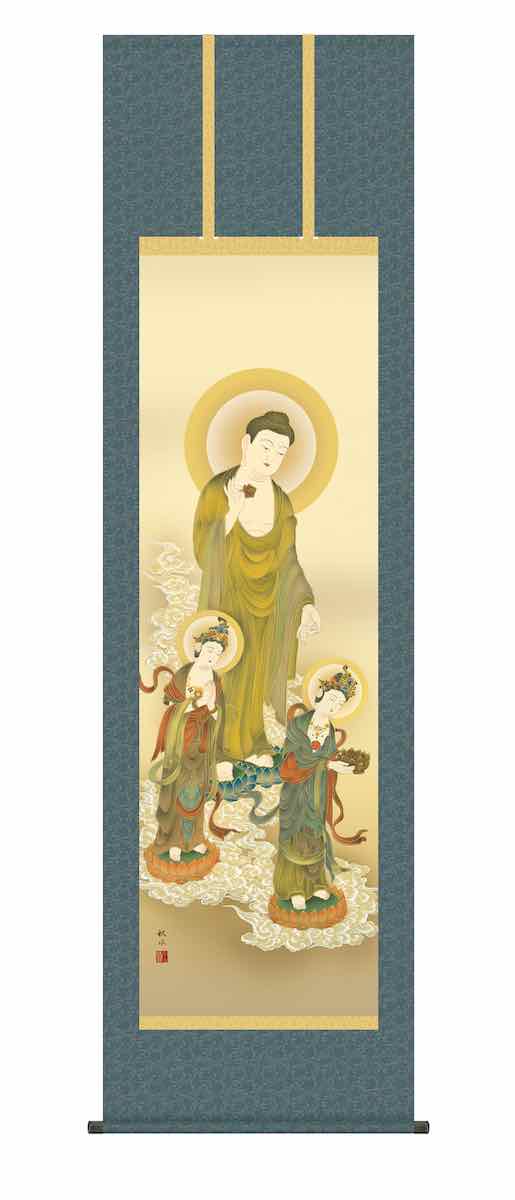 掛軸 掛け軸 仏画 行事飾り 十三佛 洛彩緞子丸表装 尺三 清水雲峰 三美会 化粧箱 h31-snk-kz1me1-j084