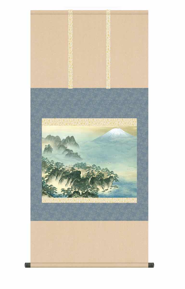 10年保証 掛け軸 名画複製画 蓬莱山(ほうらいさん)横山 大観 尺五 桐箱入り 洛彩緞子本表装(らくさいどんすほんびょうそう) モダン 掛軸 床の間 和室 おしゃれ 壁掛け 絵