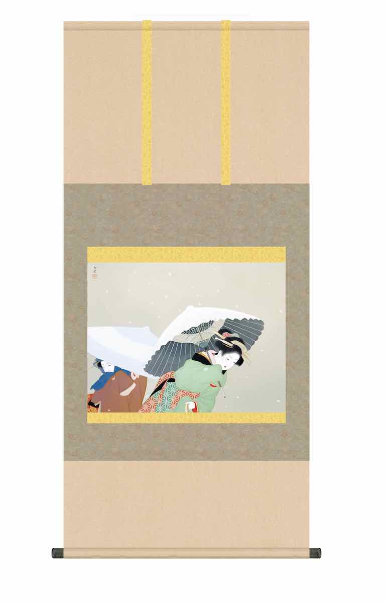 10年保証 掛け軸 名画複製画 牡丹雪(ぼたん雪)上村 松園(うえむら しょうえん) 尺五 桐箱入り 洛彩緞子本表装(らくさいどんすほんびょうそう) モダン 掛軸 床の間 和室 おしゃれ 壁掛け 絵