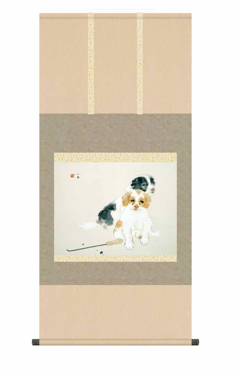 10年保証 掛け軸 名画複製画 爐邊(ろばた)竹内 栖鳳(せいほう) 尺五 桐箱入り 洛彩緞子本表装(らくさいどんすほんびょうそう) モダン 掛軸 床の間 和室 おしゃれ 壁掛け 絵