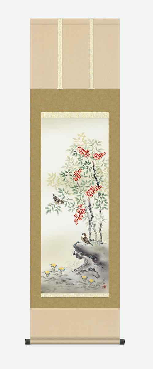 楽天市場】10年保証 掛け軸 花鳥画 冬掛け 南天に雀(なんてんにすずめ