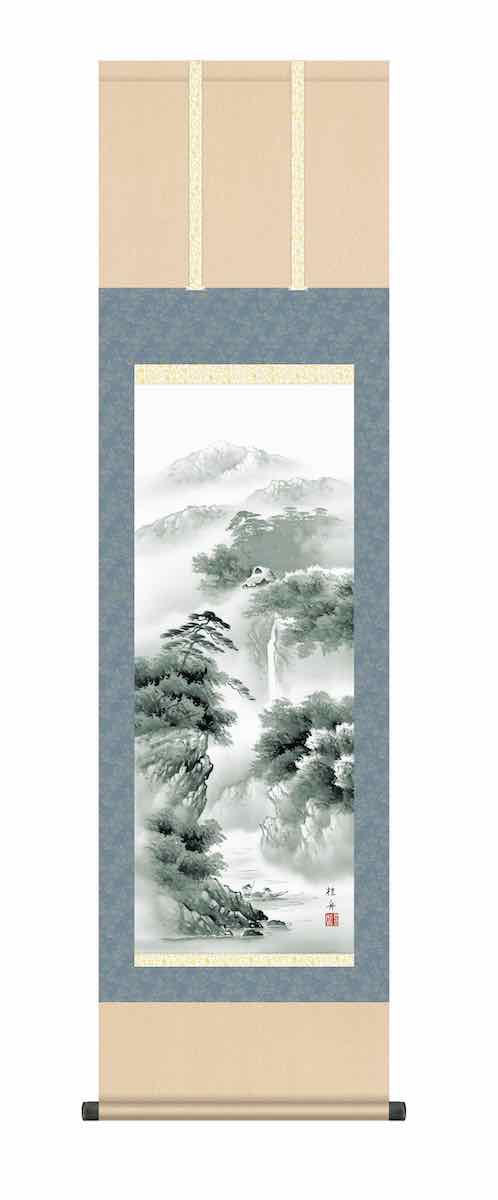 最大100%ポイントバック！限定抽選 10年保証 掛け軸 山水画 水墨山水 蒼山憧憬(そうざんどうけい)長江 桂舟 尺三 化粧箱付き 洛彩緞子本表装(らくさいどんすほんびょうそう) モダン 掛軸 床の間 和室 おしゃれ 壁掛け 絵