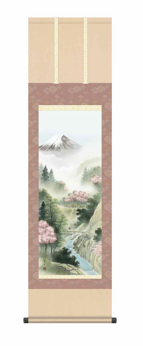最大100%ポイントバック！限定抽選 10年保証 掛け軸 山水画 春掛け 来春富峰(らいしゅんふほう)中山 雪邨 尺三 化粧箱付き 洛彩緞子本表装(らくさいどんすほんびょうそう) モダン 掛軸 床の間 和室 おしゃれ 壁掛け 絵