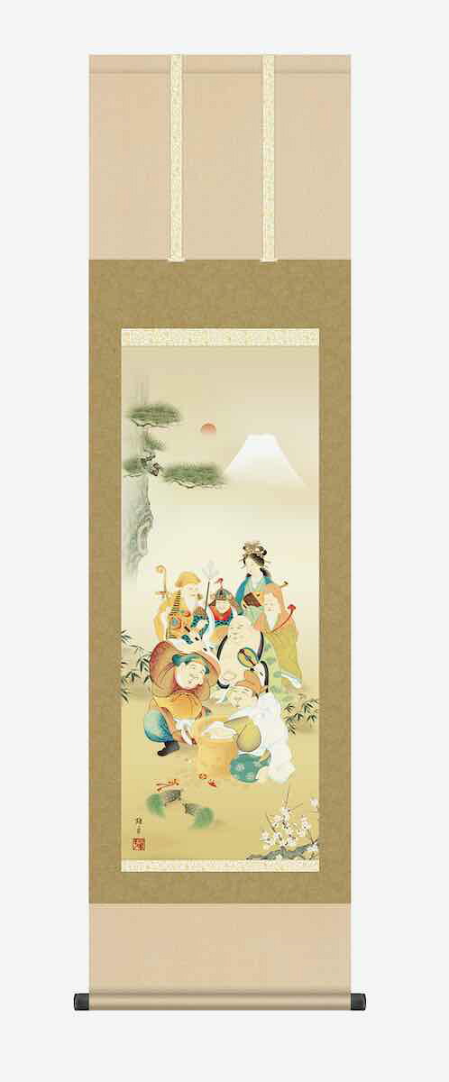 10年保証 掛け軸 縁起画 七福神 鵜飼 雄平 尺三 化粧箱付き 洛彩緞子本表装(らくさいどんすほんびょうそう) モダン 掛軸 床の間 和室 おしゃれ 壁掛け 絵|絵画・壁飾り 風景専門店あゆわら