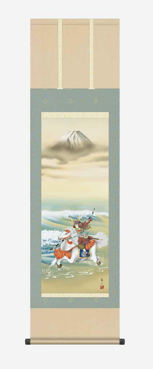 10年保証 掛け軸 節句画 行事飾り 端午の節句 武者 白馬武者 榎本 東山 尺三 化粧箱付き 洛彩緞子本表装(らくさいどんすほんびょうそう) モダン 掛軸 床の間 和室 おしゃれ 壁掛け 絵
