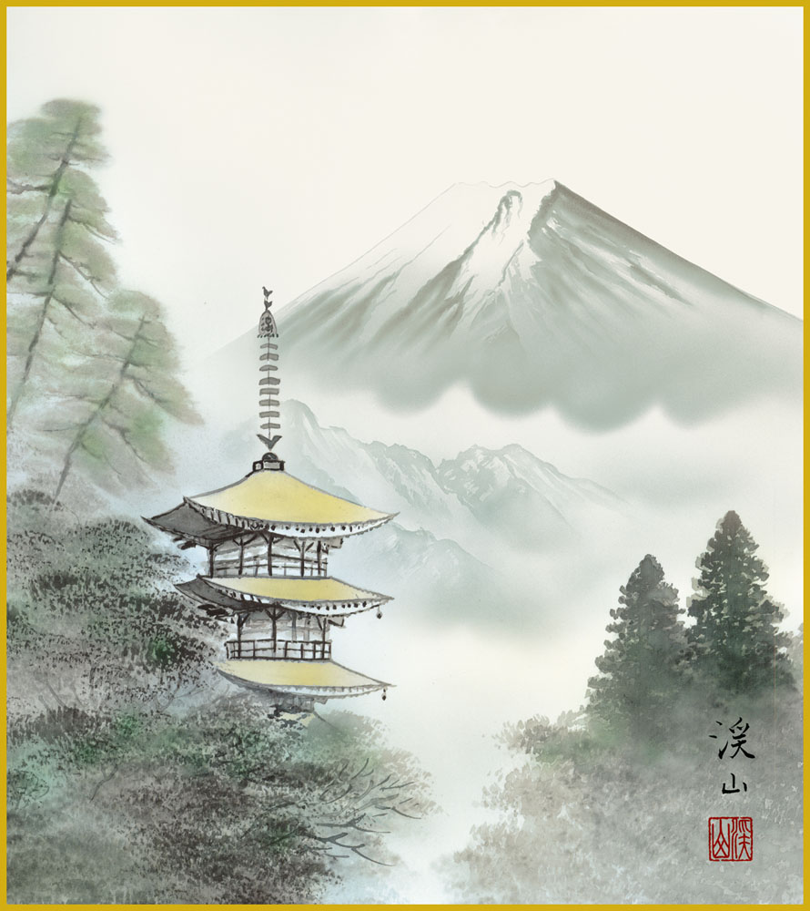 色紙 色紙掛けなし 色紙絵 和風 夏塔景 伊藤渓山 モダン 掛軸 床の間 和室 おしゃれ 壁掛け 絵画像