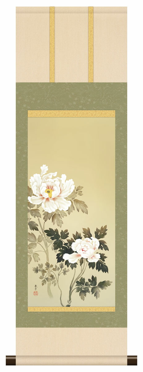 菱田春草　絹本着色　牡丹之図　講談社製複製画　掛軸一幅　保存箱他　未使用品197 菱田春草 絹本着色 牡丹之図 講談社製複製画 掛軸一幅 保存箱他