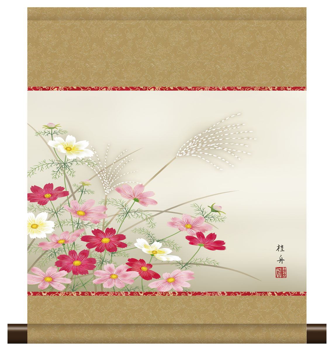 【真作】掛軸　秋実あけび図　彩色花果画　彩色美品　紫実に映ゆる秋　S26 志村好子「秋の庭（アケビ・ブドウ）」水彩画（絵寸378×454・額寸