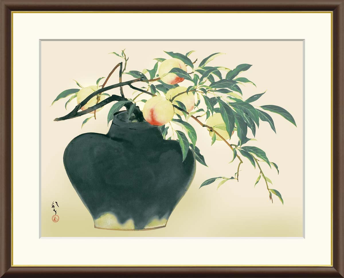 10年保証 名画 油絵 桃 川端龍子 手彩仕上 高精細巧芸画/インテリア 額入り 額装込 アート リビング プレゼント アートフレーム 飾る グッズ ギフト おしゃれ 壁掛け 絵