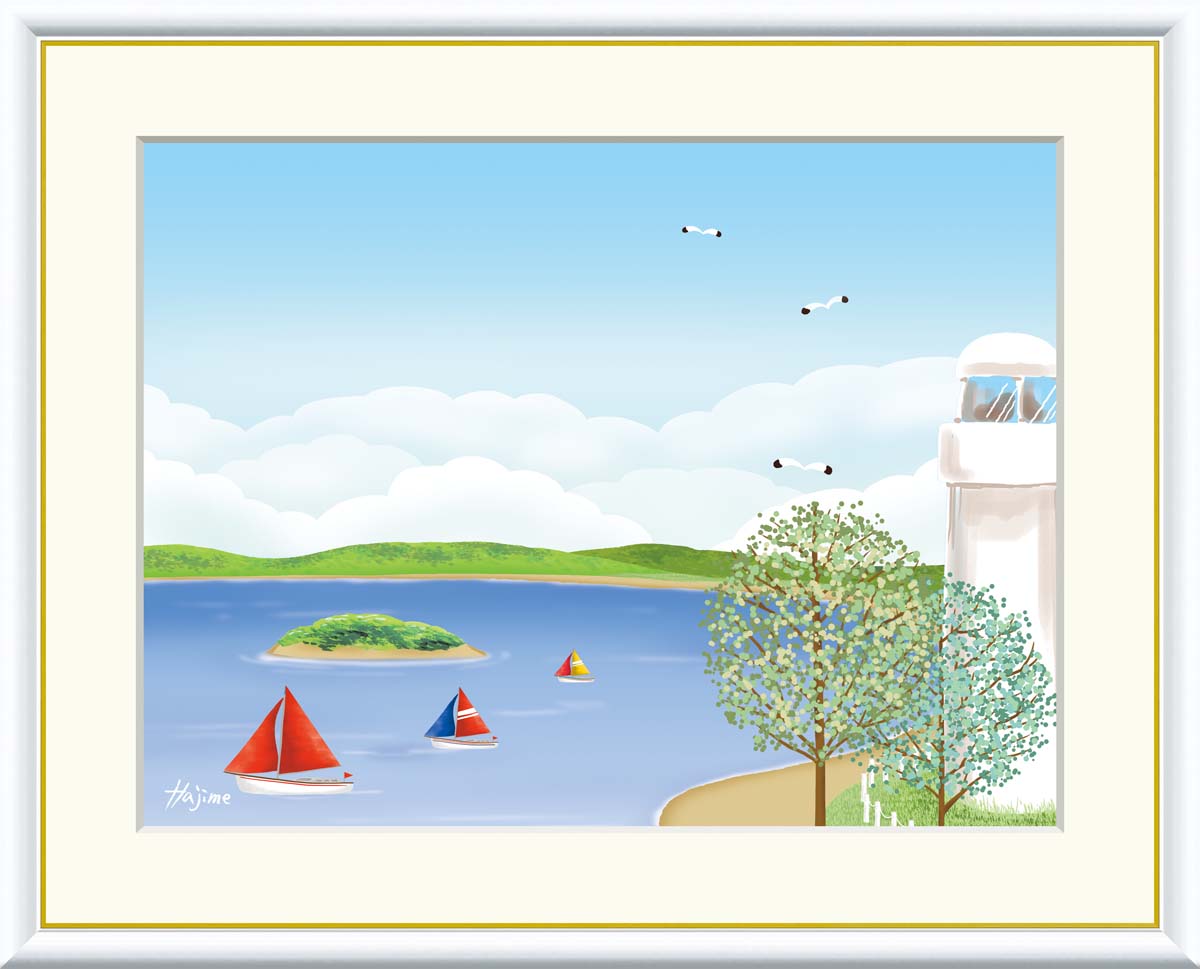 10年保証 名画 油絵 海辺の灯台 喜多一 手彩仕上 高精細巧芸画/インテリア 額入り 額装込 アート リビング プレゼント アートフレーム 飾る グッズ ギフト おしゃれ 壁掛け 絵