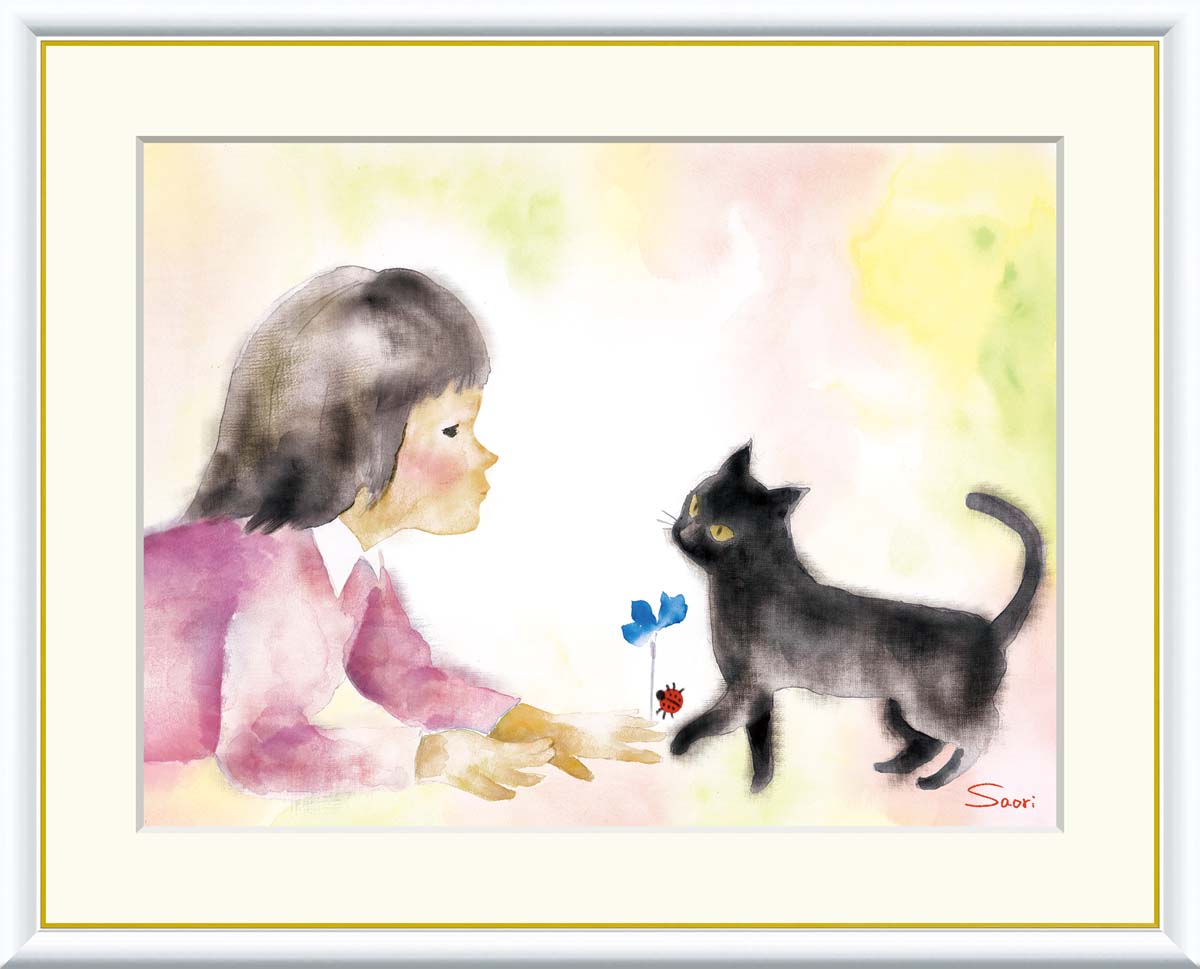 絵画　インテリア　額付 (黒) 油絵 F4-072019　猫と女の子(蟻さん) 絵画 インテリア 油絵 F4-072419 可愛い子猫と子犬と女の子