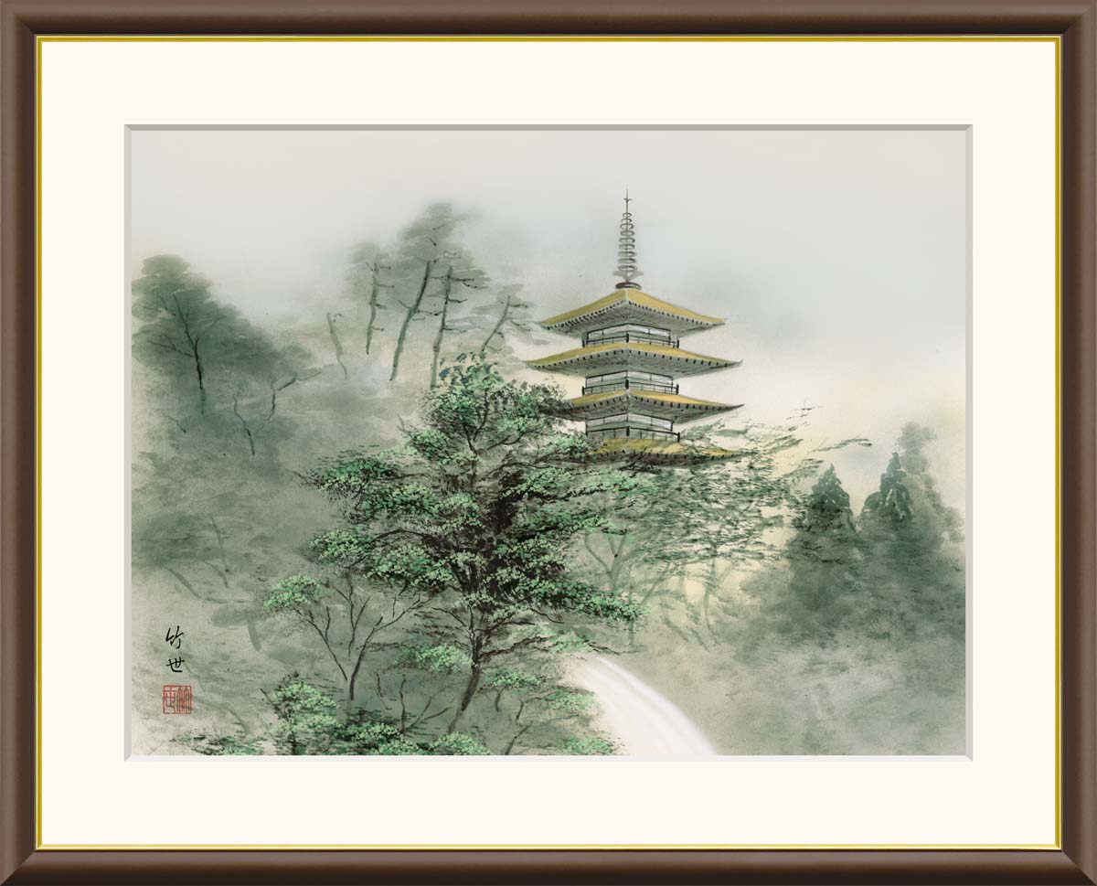 10年保証 名画 油絵 塔景望郷 田村竹世 手彩仕上 高精細巧芸画/インテリア 額入り 額装込 アート リビング プレゼント アートフレーム 飾る グッズ ギフト おしゃれ 壁掛け 絵