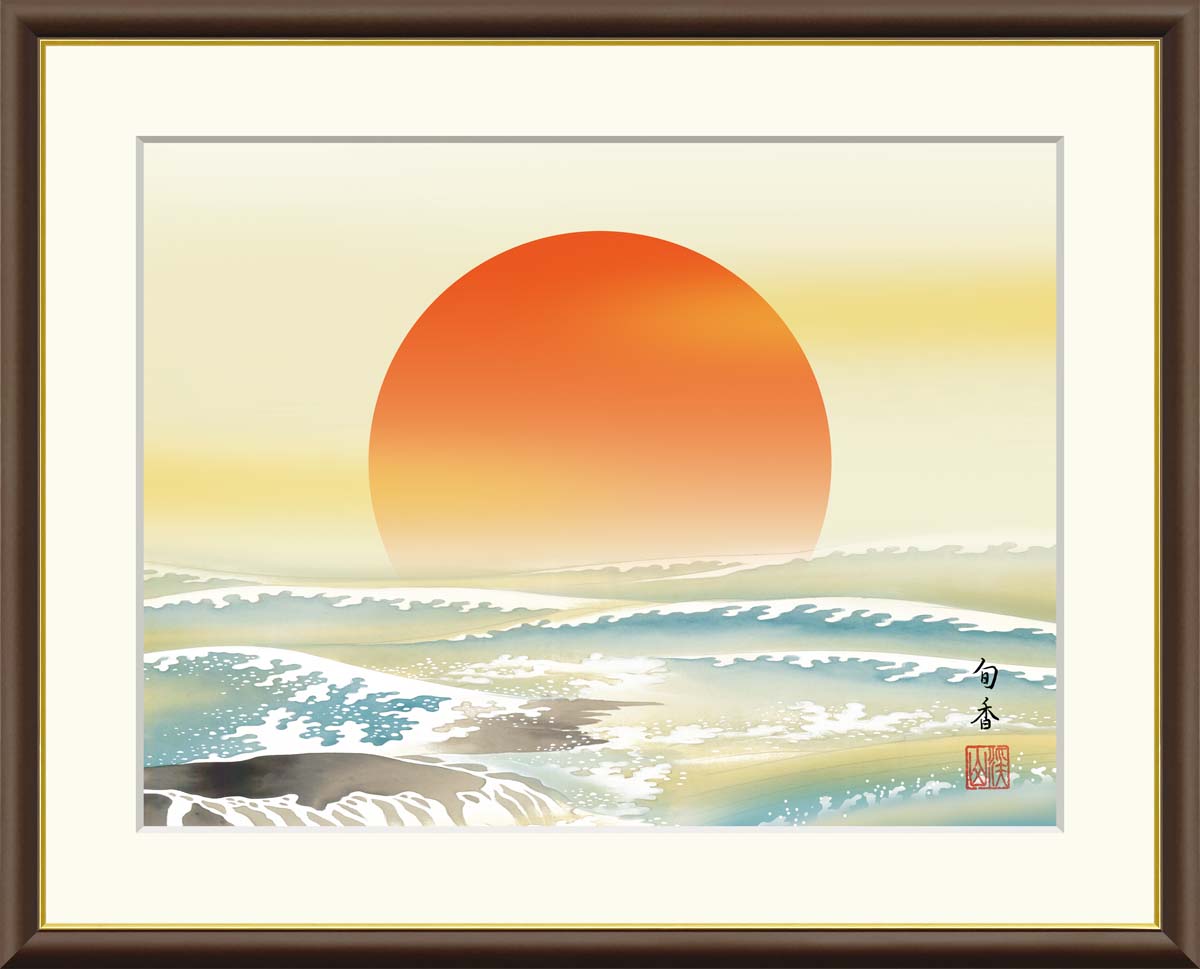 絵画　朝焼け　海辺　豪華な額縁　金色　ゴールド 絵画 油彩画 F6号「帆船」手描き 額付き 油絵 肉筆 海洋画 風景