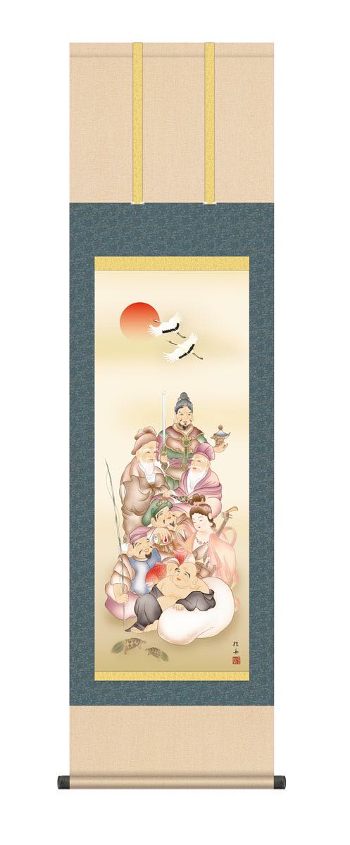 七福神の美しい掛軸、和紙 kz3md1-041.jpg
