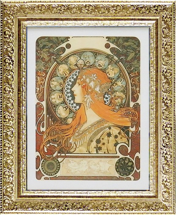 最大100%ポイントバック！限定抽選 絵画 アルフォンス ミュシャ「ゾディアック」/インテリア 額入り 額装込 風景画 油絵 ポスター アート アートパネル リビング 玄関 プレゼント モダン アートフレーム 飾る Lサイズ おしゃれ 壁掛け 絵