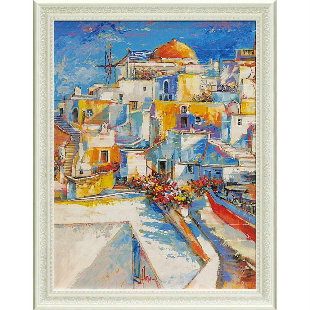 手書き油絵 サントリーニの風景 額付 絵画 インテリア 油彩画 手書き油絵 サントリーニの風景 額付 絵画 インテリア 油彩画