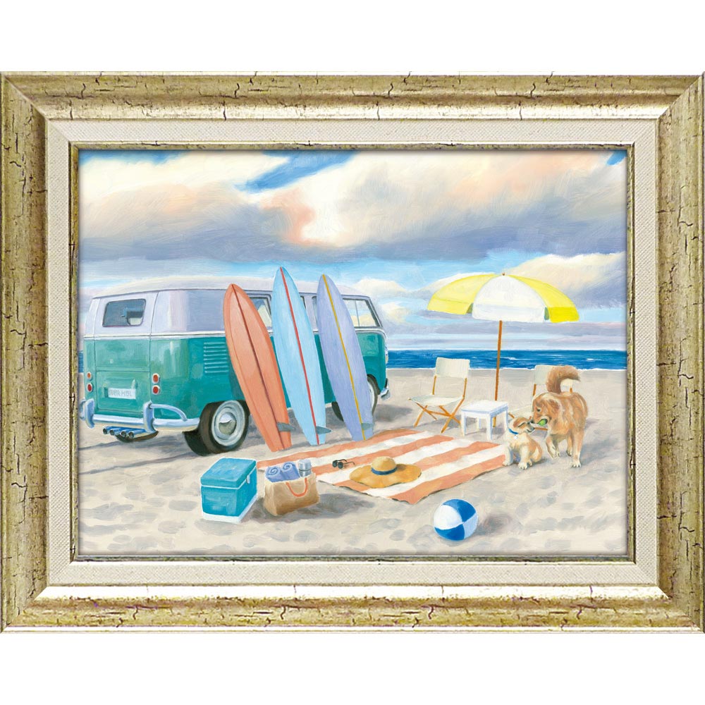 絵画 ジェームス ウィーンズ「ビーチ ライド1」 額入り 風景画 浜辺 犬 海辺 インテリア 額装込 絵画 アート リビング 壁飾り プレゼント ギフト アートパネル ポスター Lサイズ おしゃれ 壁掛け 絵