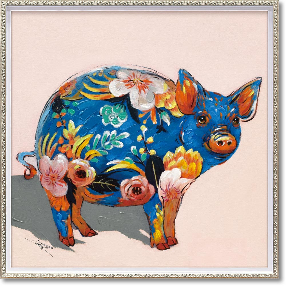 絵画 オイル ペイント アート「ペイント ピッグ(Mサイズ)」 油絵 額入 カラフル ブタ 手描き 動物画 花柄 インテリア 壁掛 アート プレゼント モダン リビング 玄関 に 飾る オフィス 店舗 ギフト お祝い 額装込 フレーム付 ハンドペイント 3Lサイズ おしゃれ 壁掛け 絵|絵画・壁飾り 風景専門店あゆわら