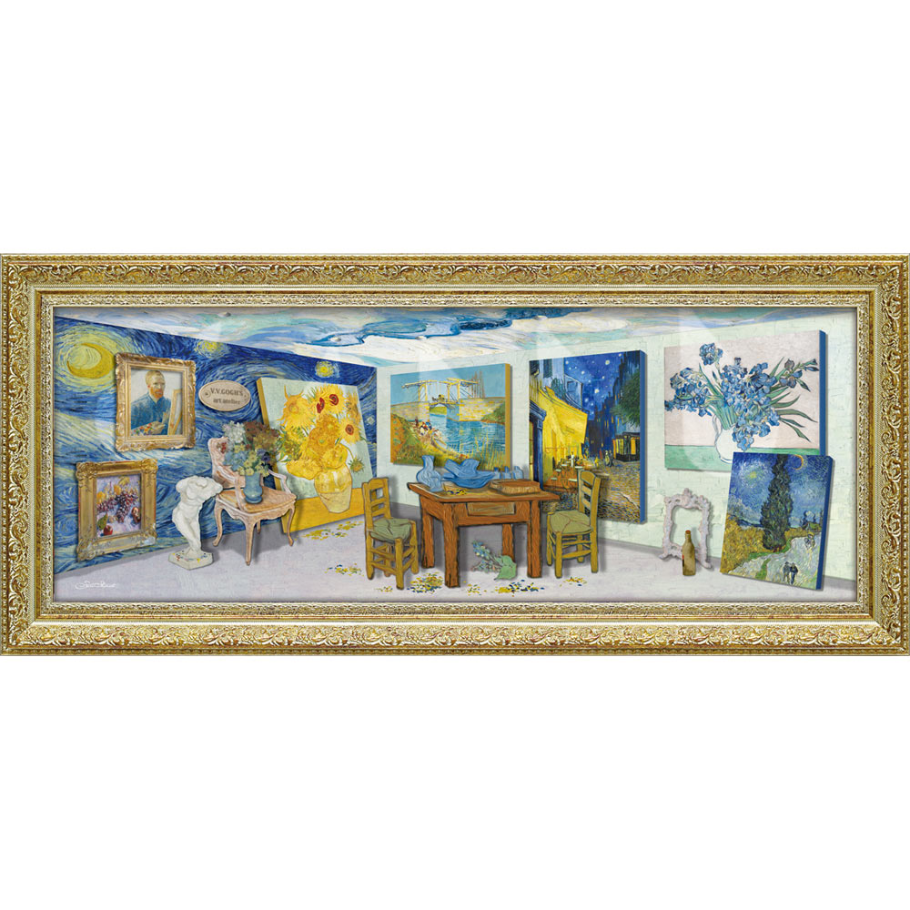 絵画 白石 創多「ゴッホのアート アトリエ」 壁掛け 名画 オマージュ 額入り インテリア ひまわり 夜のカフェテラス アルルのはね橋アイリス エレガント クラシック 絵の中に絵 4Lサイズ