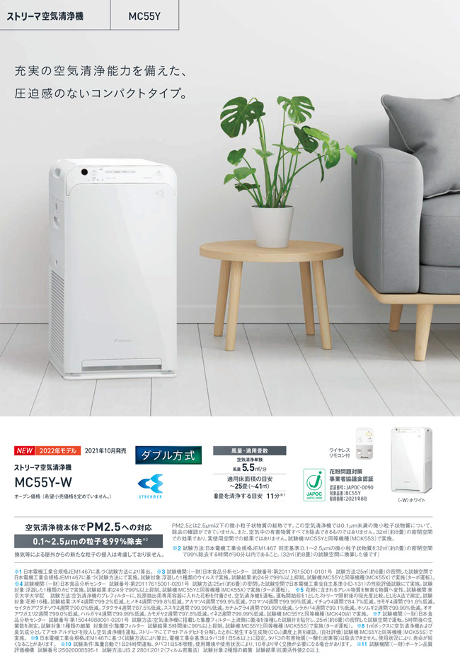 ト送料込 ダイキン DAIKIN ストリーマ空気清浄機 ホワイト MC55Y(W