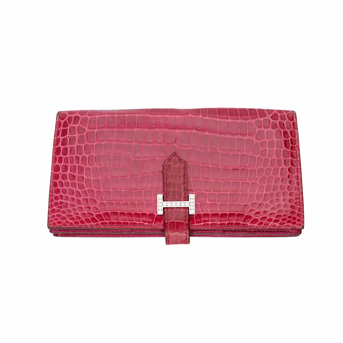 Hermes エルメス 金剛石付き添い人 BEARN SOUFFLET FERMOIR SERTI MISSI LISSE ベアン スフレ □K目じるし 長金入れ フューシャ ポロサス しろがね色金具【貨物輸送無料】金入れ【中古】23330603