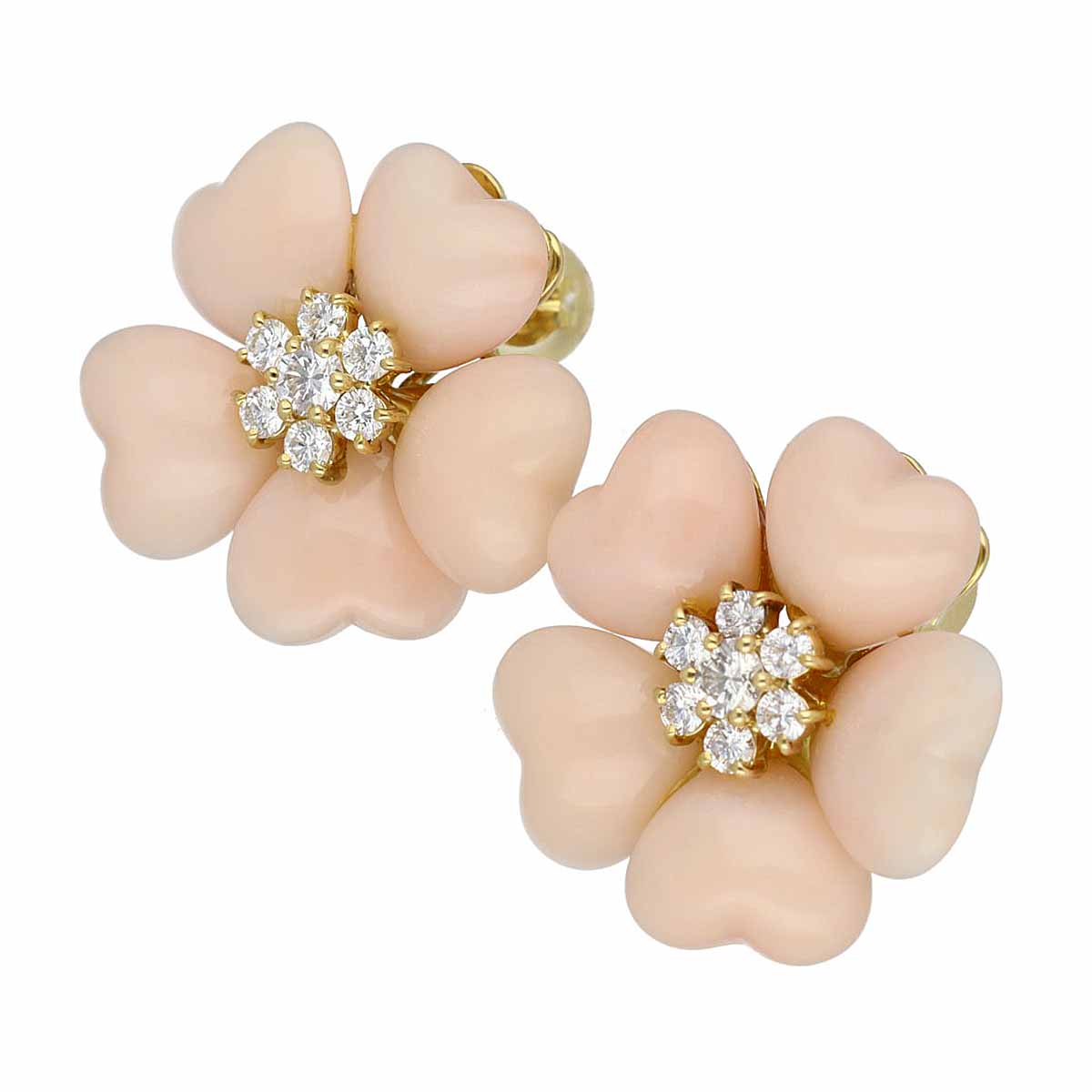 ハート カボション カット サンゴ ダイヤモンド(0.30ct/0.30ct)フラワーモチーフ ピアス 750 K18 YG イエローゴールド【送料無料】【中古】TMR2510270004