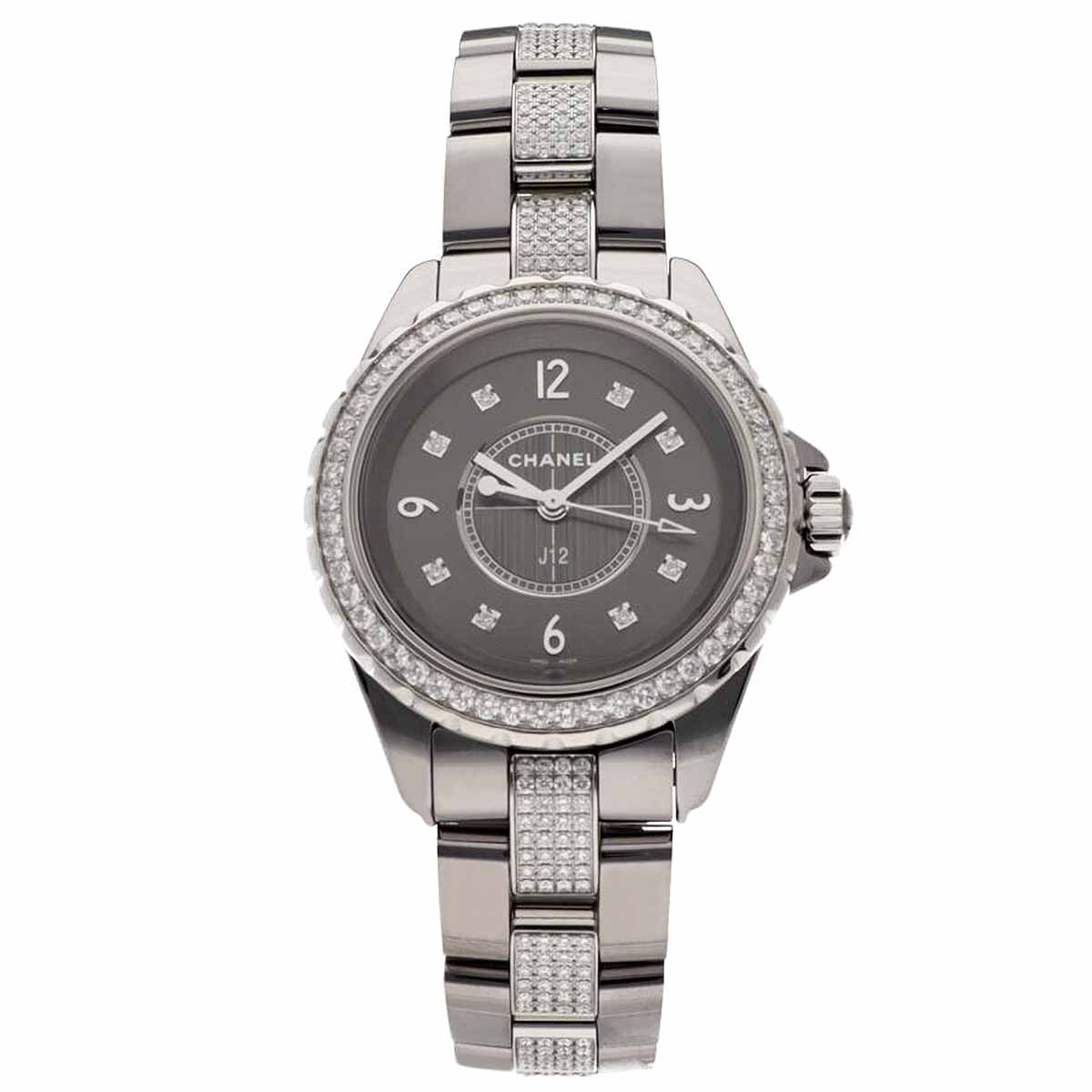 CHANEL シャネル J12 ダイヤモンド クロマティック 33mm ベゼル・ブレスダイヤ H3105 グレー文字盤 17cm クオーツ チタン セラミック SWISS MADE【送料無料】レディース【中古】22821108｜Azabu Vintage