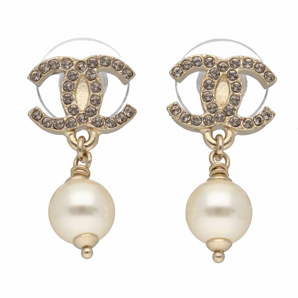 CHANEL シャネル ココマーク ロゴ コスチュームパール スタッズピアス 18A ラインストーン ストラスゴールド金具 Made In France【送料無料】【中古】25010127|Azabu Vintage