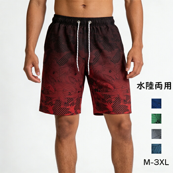 メンズ 水着 ビーチパンツ サーフパンツ 海水パンツ 水陸両用 速乾 フィットネス水着 スイムウェア 男性用 ウエストゴム 膝丈 グラデーション カジュアル ゆったり 大きいサイズ おしゃれ 海外旅行 プール用 サーフィン グレー レッド ネイビー ブルー グリーン