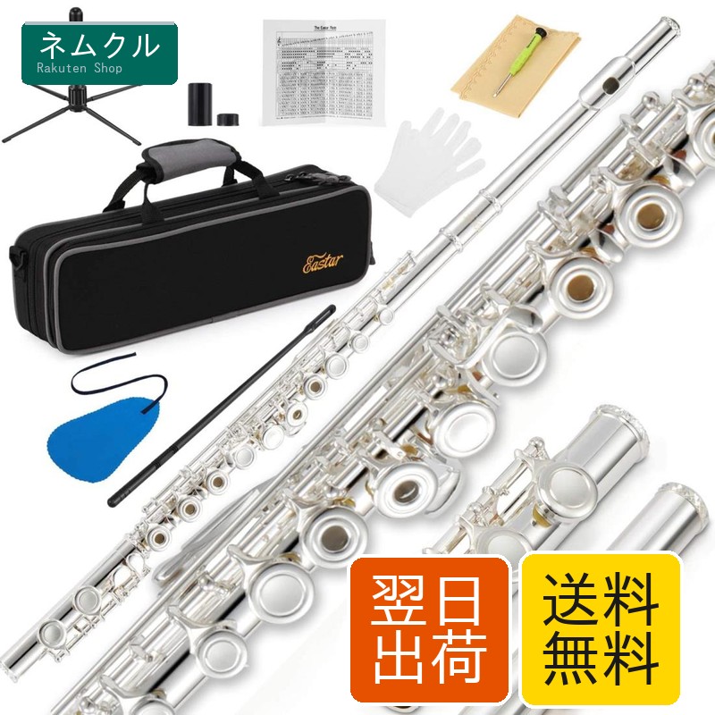 Eastar フルート 銀メッキ 16穴 リングキー Eメカ付き オフセット フルートスタンド&専門ケース 初心者セット (銀色)