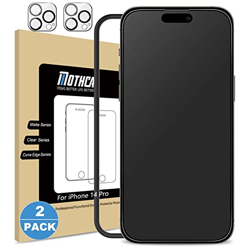 Mothca アンチグレア iPhone 14 Pro ガラスフィルム (2枚)＋iPhone 14 Pro カメラフィルム(2枚) 強化ガラス 液晶保護フィルム Dynamic Island対応 ガイド枠付きゲームフィルム サラサラ タッチ感 日本旭硝子製素材 指紋防止 反射防止 硬度9H 飛散防止 キズ防止 衝撃吸収 撥油画像