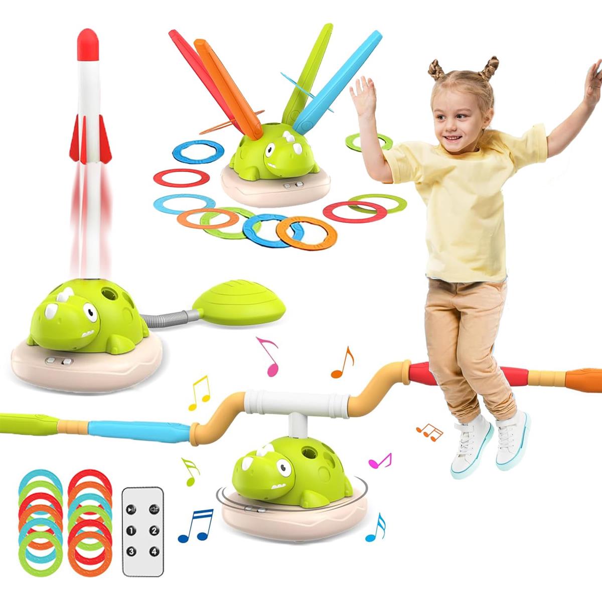 3 In 1 電動縄跳び 玩具 子供 幼児 ロケットランチャー 輪投げ おもちゃ 恐竜 玩具 音楽&リモコン付き 外遊びグッズ 室内 運動 キャンプ 遊び 公園遊びグッズ ファミリースポーツ 親子 ゲーム 男の子 おもちゃ 人気 小学生 3歳 4歳 5歳 6歳 7歳 8歳 男の子 女の子 お盆 縁日画像