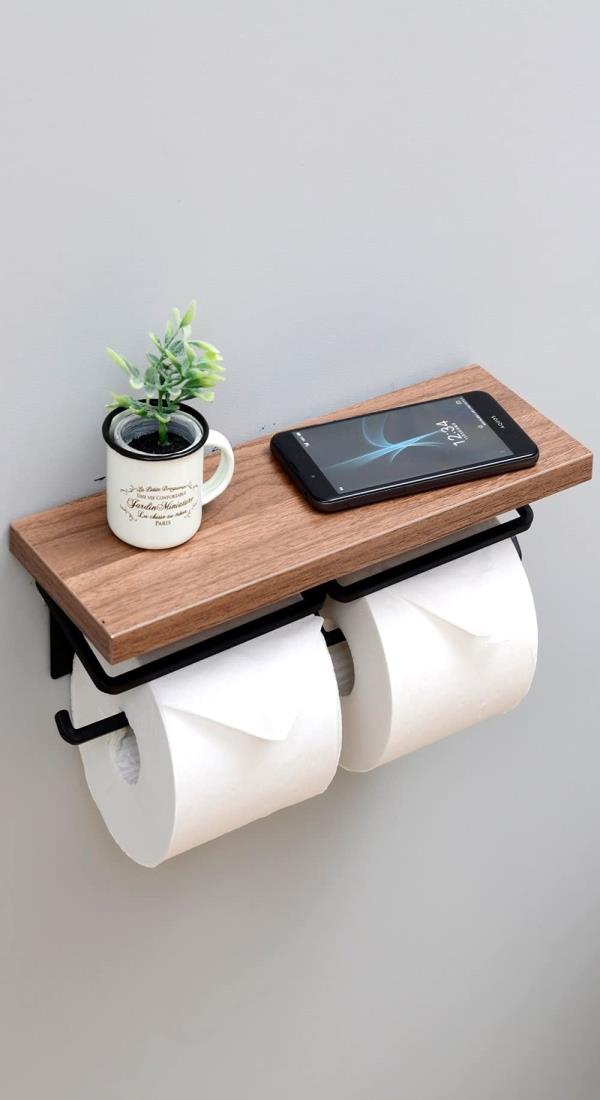 [山善] トイレットペーパーホルダー 棚付き (スマホ置き/インテリア) ダブル 汚れに強い天板 かんたん設置 幅32×奥行11×高さ9cm ダークブラウン/マットブラック RPH-W(DBR3/MBK)