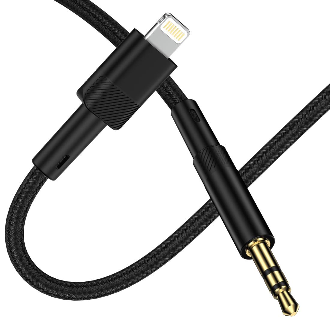 Auxケーブル iphone Lightning to 3.5mm オーディオケーブル 変換ケーブル 1M 3.5mmオスケーブル ライトニング 高耐久ナイロン編み Hi-Fi音質 コード ヘッドホン/iPod/iPhone/iPad/ホームステレオ/カーステレオ/スピーカー など対応 (ブラック)画像