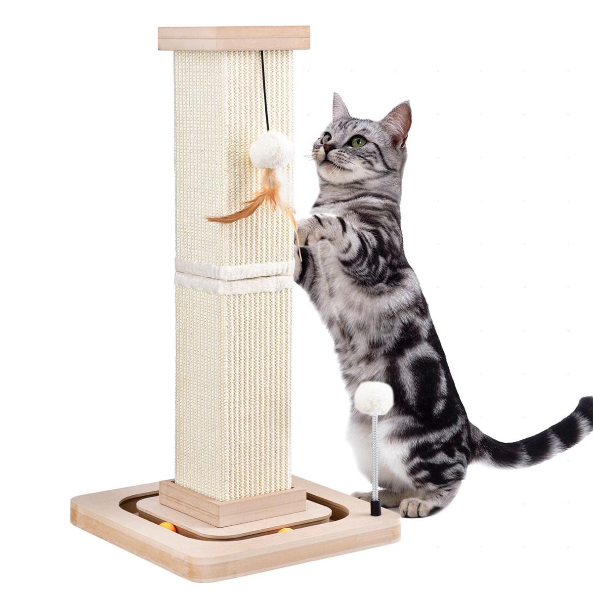 LIFLIX 猫爪研ぎポール おもちゃ付き 天然サイザル麻 回転ボールとポンポン付き 長持ち 安定 頑丈 縦置き型 組み立て簡単 67cm 太い