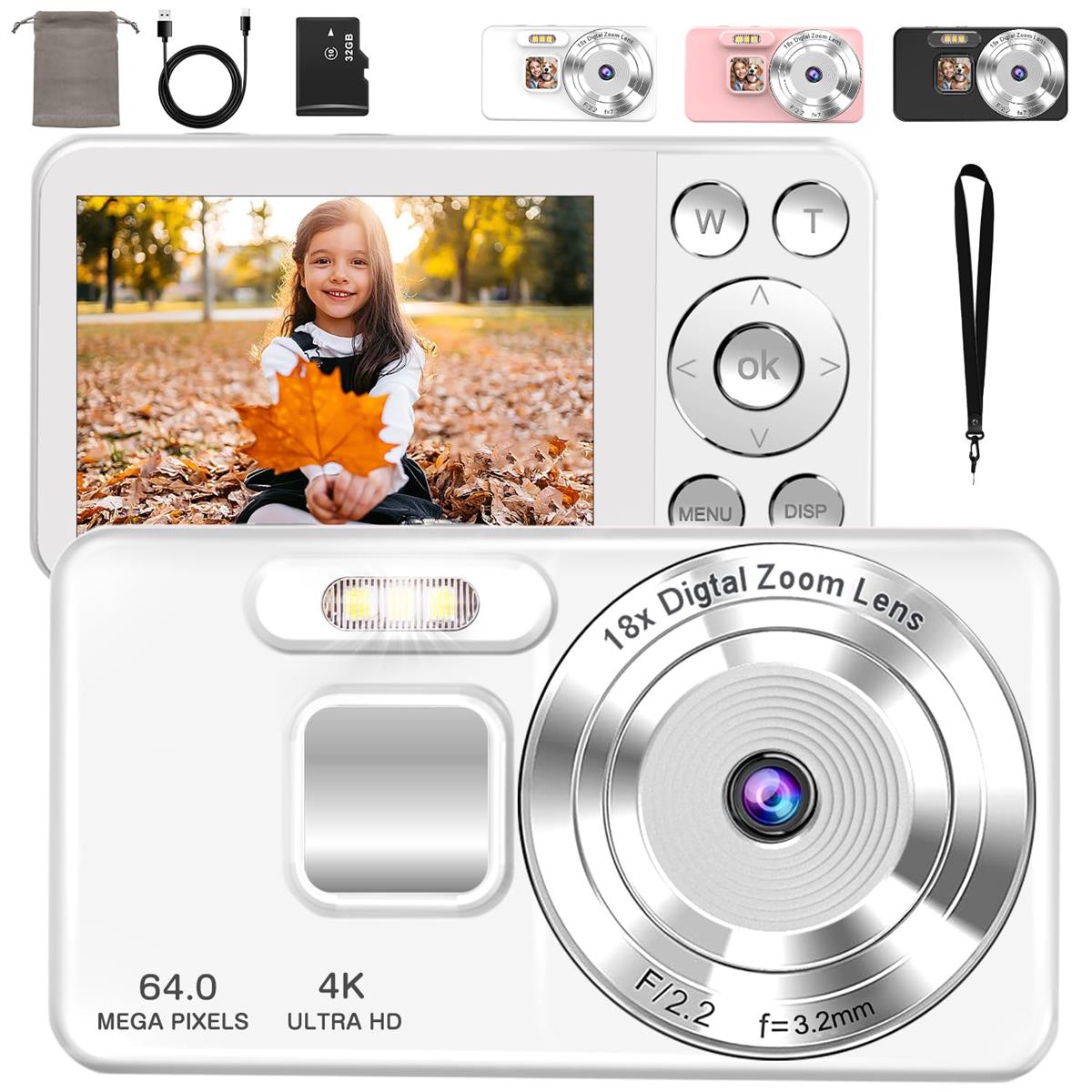 QZT デジタル写真機 4K ディジカメ 6400万絵素 一時停止足し加える録画役立つこと 2.8in大画面 オート興味の中心 18倍デジタル望遠レンズ OTG相応う スマホ連絡 セルフタイマー 繰り返し録画 LED点火装置 USB申し受ける式 パウダーコンパクト webカメラ役立つこと 軽さ 行楽/赤ちゃん写真機/未経験者/はいり込む式 三脚架穴付