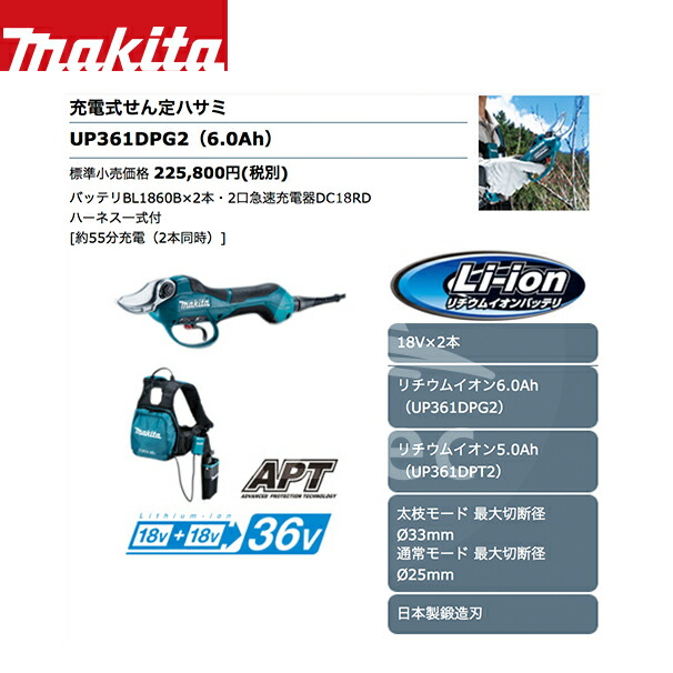 マキタ｜＜高トルクタイプ＞充電式せん定ハサミ UP362DPG2（18V