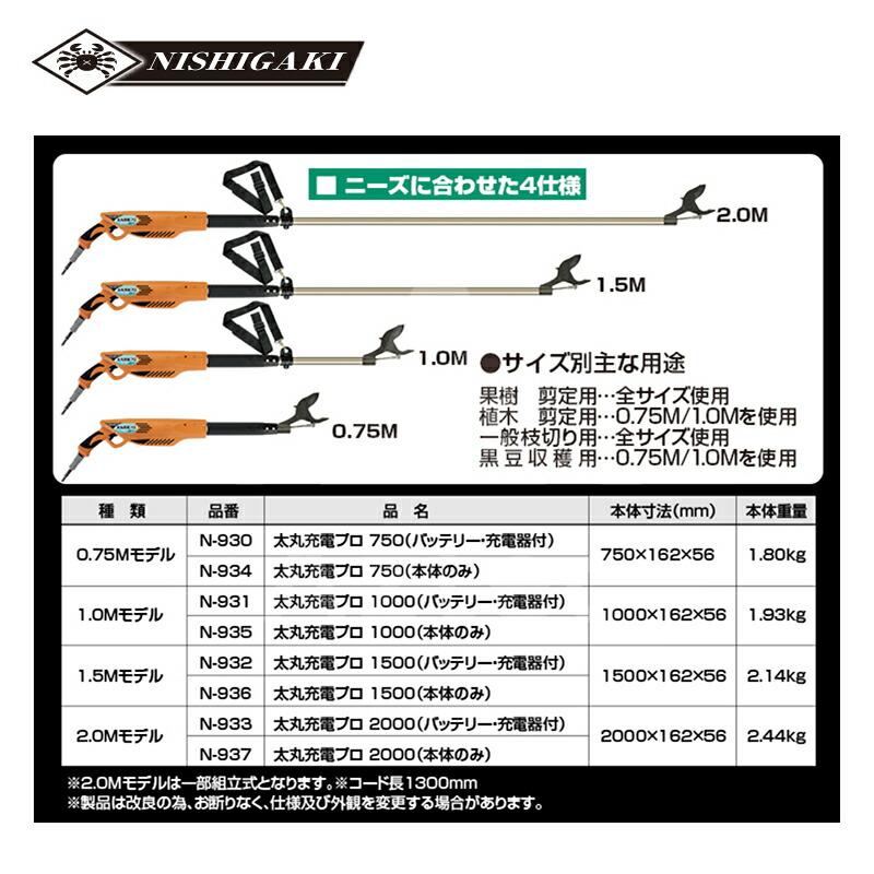 代引き手数料無料 ニシガキ 充電式太枝切鋏 太丸充電プロ1000 N-935 本体のみ 1 000mm 電動 果樹 高枝 樹木 剪定 法人 農園様限定  fucoa.cl