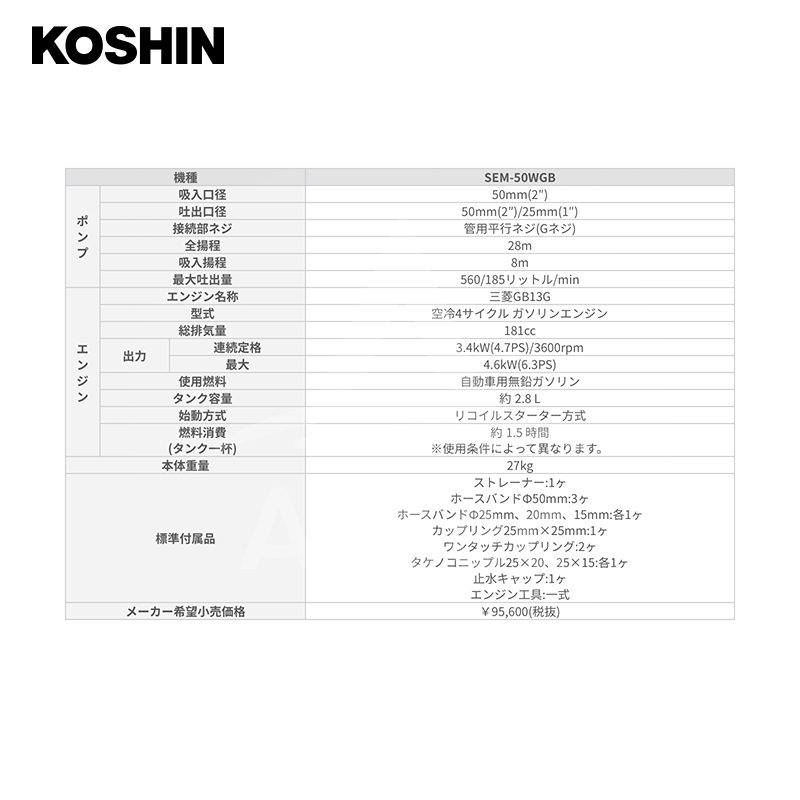 工進/KOSHIN 高圧タイプ 全揚程：50m 機種：SEM-50V www.disk.kh.edu.tw